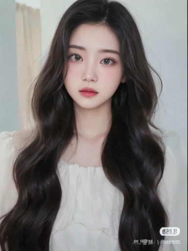 1girl, solo, realistic, black hair, portrait, black eyes, lips, closed mouth, hair between eyes, masterpiece,  (photorealistic), raw photo, korean girl, pretty girl, rounded eyes, delicate lips, cherry lips colored, perfect small nose, thin nose, youthful face, light colored clothing, double eyelid, normal expression, (symmetrical eyes), symmetrical face, (symmetrical lips), fair skin