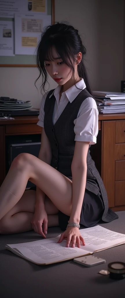A girl in an office is squatting in the direction of the front, staring straight ahead, Naked nude, ligh brown hair, The legs are spread out in an M-shape. white jacket, realism, Perfect human body proportions, sexy chest, Sexy groin