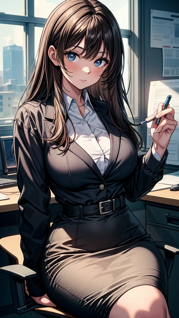 (highest quality:1.2,evil lady,cg, Very detailed, High Detail, digital coloring, High Contrast, masterpiece:1.2,suits, highest quality, Best aesthetics), 8k,masterpiece, cute,tall,beautiful,best quality, 1lady,brown hair,long hair,wavy hair,empty eyes, (finely detailed glowing eyes and detailed face),,,,extremely detailed cg unity 8k wallpaper,solo,(latex military costume:0.9),large breasts,seductive smile,,latex thighhigh,large breasts,black hair,pink eyes,no jacket,formal shirts,thighhigh,,enamel suits,grossy lips,sitting,tight skirt,sadistic smile,,heel,shiny skin,tight  skirt,detailed face,beautiful body,,adult,,show me breasts,sadistic,seductive smile,business suits,latex,no tie,bust shot,((Blowjob Gestures:1.5)),open mouth,necklace,office room,from below