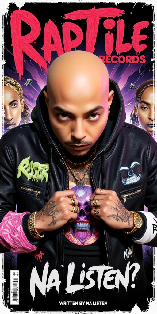 3D animated Character Nztykle as a comic . The man is Muscular Wearing Streetwear, the man has super close shaven skin Bald Head::5.1 , Marvel comic book cover in the style of the 80s, 90s, 2000s, with a MASCULINE man rapper wearing Streetwear character,  with the title "NA LISTEN", A 1990s/2000s comic book cover featuring the Man, wearing a hoodie, graphic design jacket and ripped skinny jeans, tons of tattoos and piercings, perfect masterpiece, high quality, high resolution, large, 8k, cinematic. The man should be depicted with exaggerated and distant facial expressions, using thick lines, bold shadow cracks and deep shadows, highlighting its chaotic and intense nature. The cover should have a worn and distressed texture, with a soft color palette of purples, greens and reds to evoke a sinister yet retro feel. In the background, show a gritty urban scene. The a man should be in a dynamic pose, embodying his unpredictable and dangerous personality. Add classic comic book elements like a bold title ('Raptile Records: '), a scary subtitle ('Who is Na Listen?'), and 'Written by Na Listen' as the author. Include the issue number (#1), a small price (e.g. '10¢'), and a publisher's logo in the corners. Keep the layout clean but intense, focusing on  twisted personality while maintaining the aesthetic of 2000s comics.