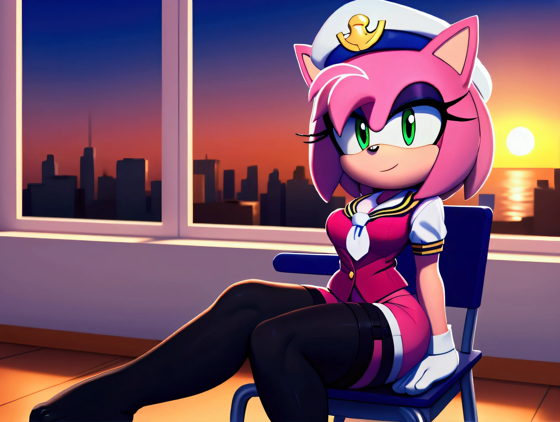 Amy Rose wears school suit , with black stockings with straps, white gloves, flirty look,sailor hat, sitting on a chair  ,in a classroom ,window ,in a sunset 