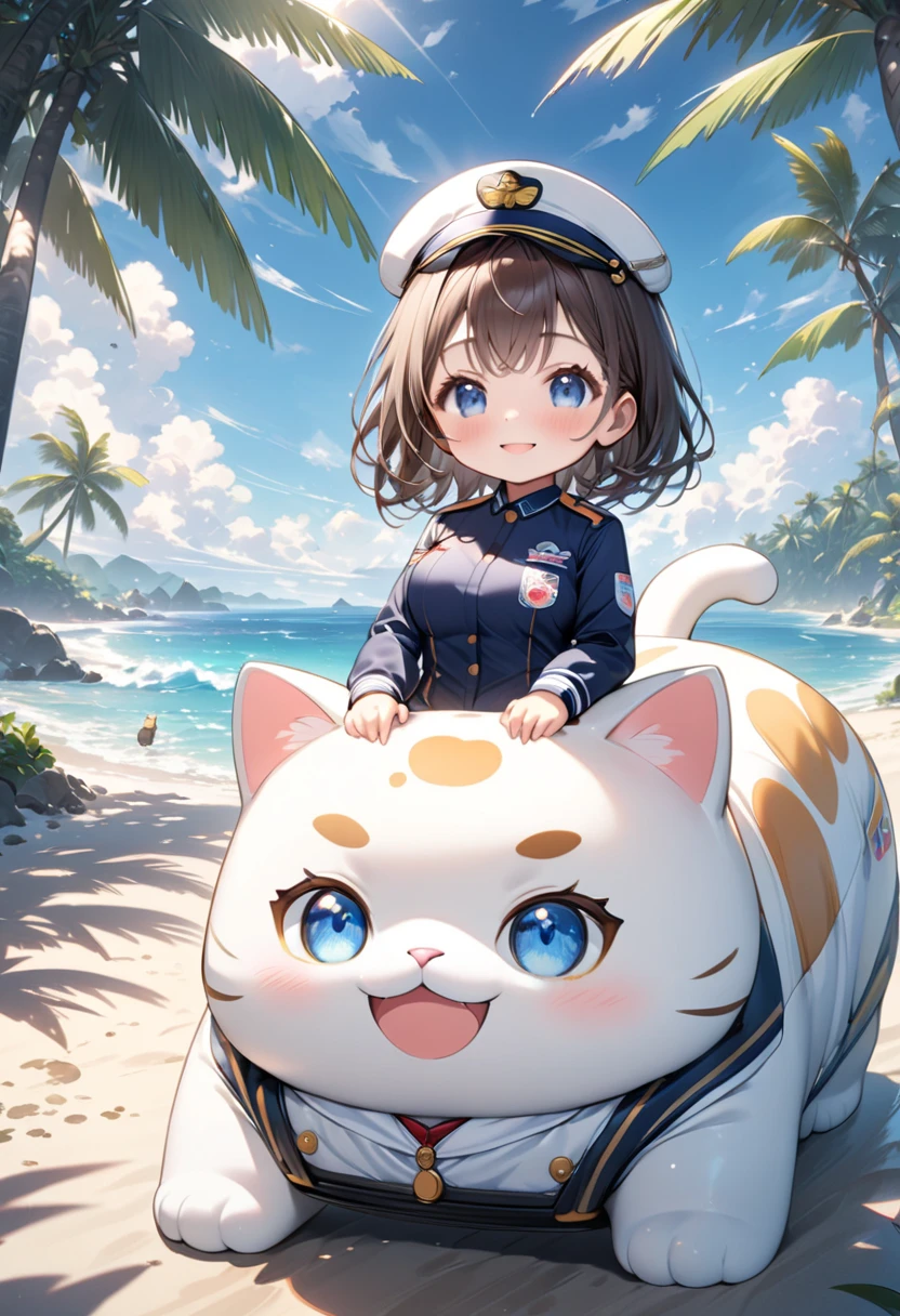 (masterpiece, ultra-detailed, best quality, clear focus, dramatic scene, cinematic), shadow, (ultra-high resolution, 8k), perfect anatomy, perfect face, (detailed face, detailed eye, chibi), cute Japanese chibi girl, famous Japanese chibi idol, (chibi:1.3), very beautiful and cute and cool face, (wearing a cute pilot uniform:1.3), (large breasts), (she is driving a bus at seaside road:1.3), amazing view of beautiful beach with tropical trees,  (with a giant fat cat: detailed cat:1.2), smile, she looks so happy