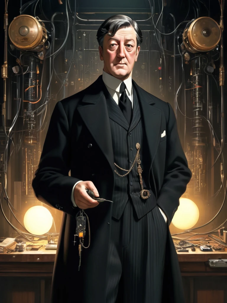 ((masterpiece, best quality)), john singer sargent style anime illustration, 1man, jeeves, traditional butler, perfect servant, full-figured man, fat, beautiful face, dignified, handsome, noble nose, large soft chin, tidy dark hair, beautifully clear detailed eyes, 1920s valet livery (black morning coat, solid black waistcoat, narrow black necktie, white shirt with club collar, black pinstriped trousers), luminous, beautiful colors, jeeves portrayed by young stephen fry, robot, self-repairing android, partially disassembled robot, wires and lights, art deco frame with circuitry