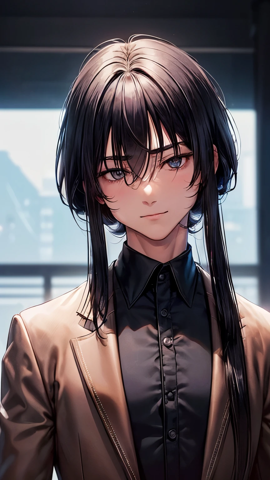 A 38 year old very white skin Japanese gentleman ((boy’s muscular body and flat breast:1.3 )),((bluish black color hair:1.5))((extra very short and straight smooth hair))((smooth straight and shaggy forelock:1.6)),((brown suit and black formal shirt:1.5))((likable and blushing smile )),((looking down and peeking pose:1.4)), ((droopy round beautiful blue eye)), ((eyelashes)), blush, BREAK, overwhelmed and fearless atmosphere,((from under ))(( face focus:1.7)),((masterpiece))(( best quality:1.4)),((MSFW))
