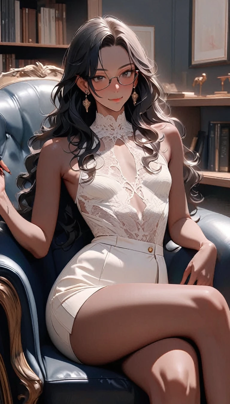 (((Adult trans woman)): Formal dress mini skirt, formal lace top, black eyes, ((brown skin)), dark skin, showing the whole body, ((black hair, long wavy hair)),(High heel white sandals). Closed mouth)); full body shot, cute smile, intense eyes looking, (sitting in armchair, in front of a couch), good hands, holding a clipboard and pen, crossed legs, psychological clinic background. High quality. 4k, 8k, many details. Masterpiece, accurate, anatomically correct, posing, detailed background, better quality, original work Focus on details, Front view, earrings, mature face , flat chest, eye glasses, book shelves behind, "Psychologist"