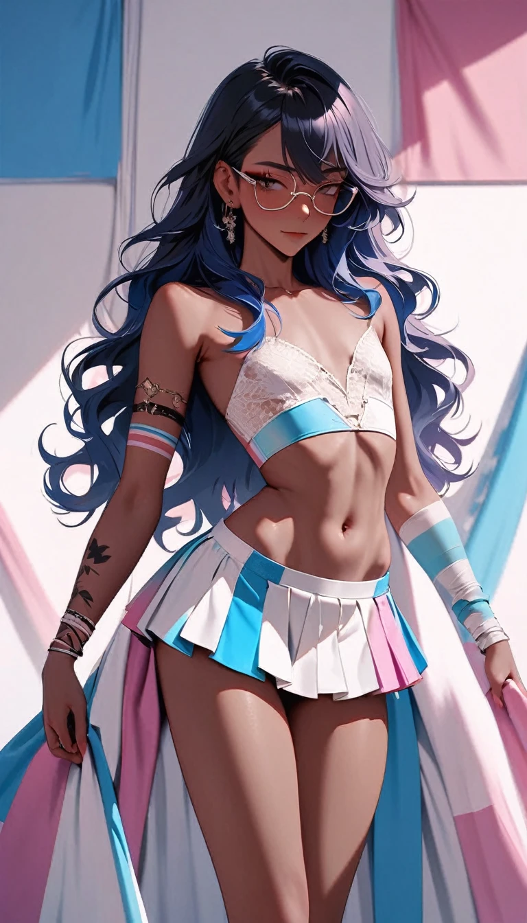 trans woman ((Adult transgender women)): Trap, Otoko no ko, (Very short pleated miniskirt. Lace strapless cropped top. ((eye glasses)). Brown eyes, showing the whole body, brown skin color, Black long wavy hair. ((Clothes with the colors of the trans flag, blue pink and White)), High heel silver sandals, Cute smille. Closed mouth, Makeup, tattooed arm, flat chest, superflat); full body shot, computer station behind, Standing in front of bed, posing, Bedroom background. High quality. 4k, 8k, many details. Masterpiece, accurate, anatomically correct, playing, detailed background, better quality, original work Focus on details, pink and blue, ladyboy