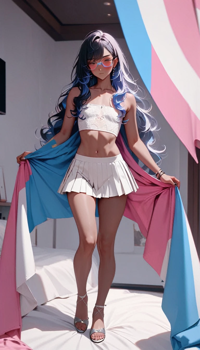 trans woman ((Adult transgender women)): Trap, Otoko no ko, (Very short pleated miniskirt. Lace strapless cropped top. ((eye glasses)). Brown eyes, showing the whole body, brown skin color, Black long wavy hair. ((Clothes with the colors of the trans flag, blue pink and White)), High heel silver sandals, Cute smille. Closed mouth, Makeup, tattooed arm, flat chest, superflat); full body shot, computer station behind, Standing in front of bed, posing, Bedroom background. High quality. 4k, 8k, many details. Masterpiece, accurate, anatomically correct, playing, detailed background, better quality, original work Focus on details, pink and blue, ladyboy