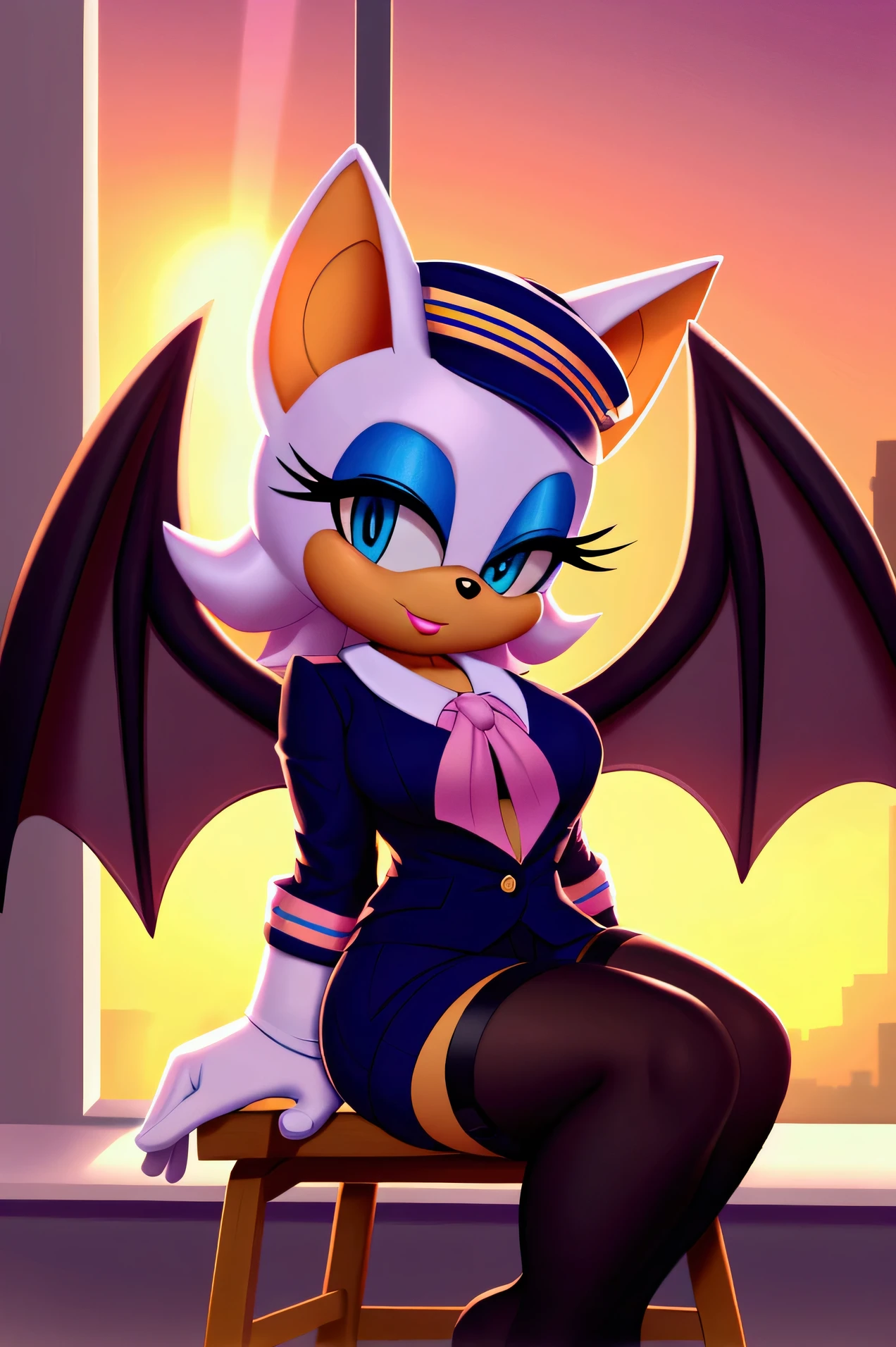 Rouge the bat,Blue Eyes wears a , with black stockings with straps, white gloves, flirty look,sailor hat, sitting on a chair  ,in a classroom , at sunset , school suit sitting next to a window with sunlight 