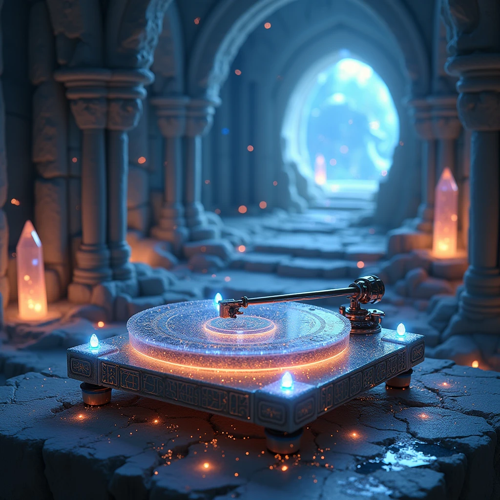 Hyperrealistic, magical realism style. Intricately carved luxurious celestial record player crafted from constellations and stardust. Translucent base with frost patterns, haunted glow. Castle icy walls with massive rune crystals reflecting rainbow light. Ancient portal leading to a fantasy volcano citadel.