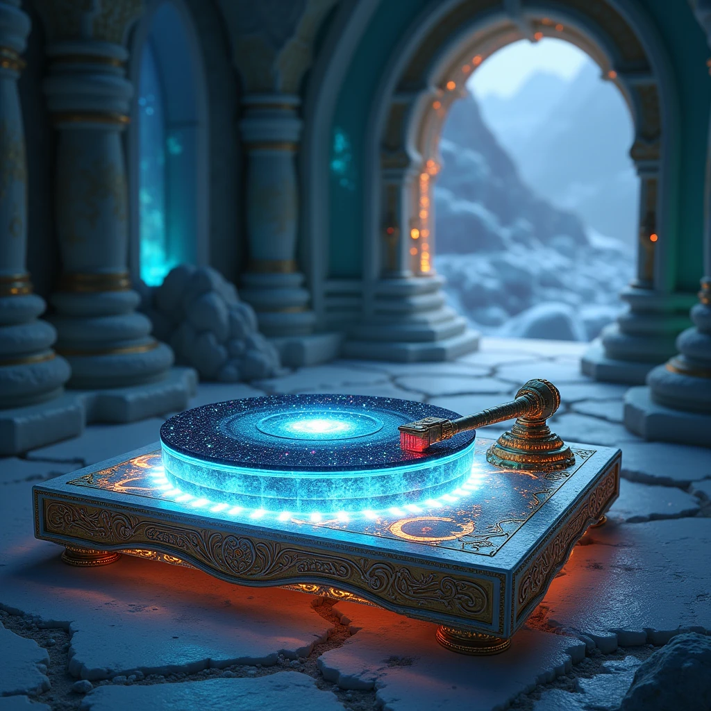 Hyperrealistic, magical realism style. Intricately carved luxurious celestial record player crafted from constellations and stardust. Translucent base with frost patterns, haunted glow. Castle icy walls with massive rune crystals reflecting rainbow light. Ancient portal leading to a fantasy volcano citadel.