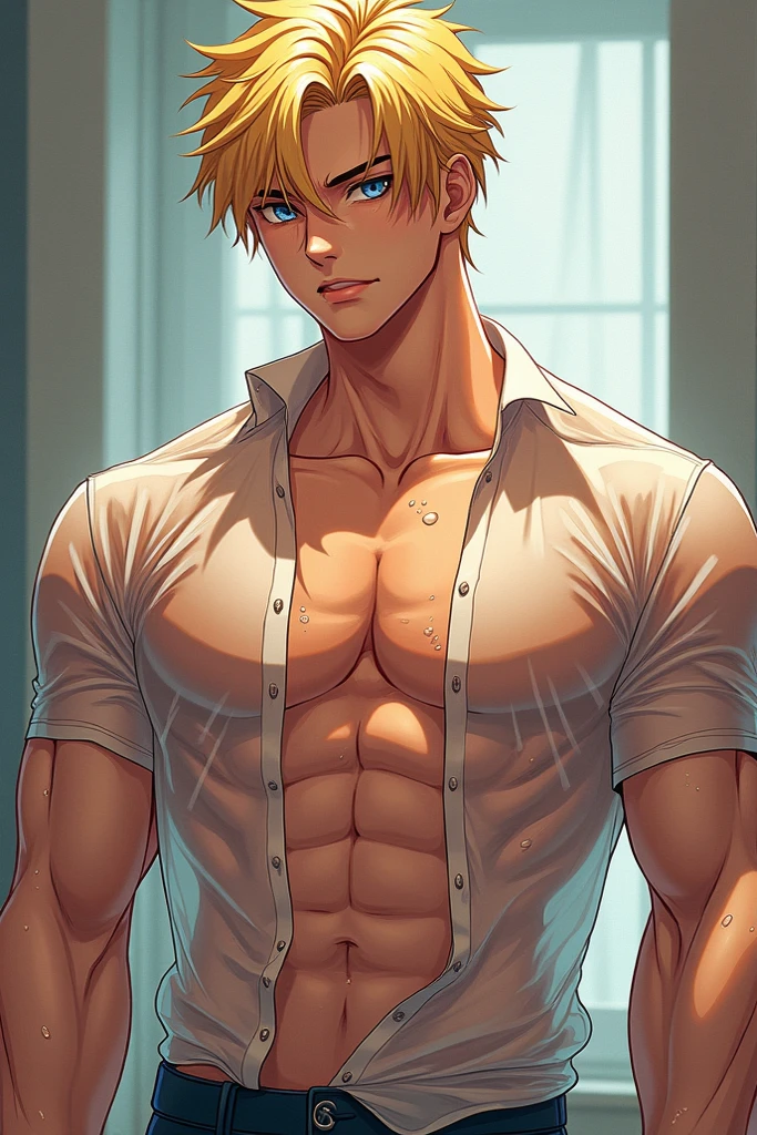 1 male handsome, Japanese male model, high resolution 4k, adult, perfect face, detailed eyes and face, muscular, white eyebrows, white eyelashes, Naked torso, Detailed face, perfect face, real skin texture, detail Perfect hand, details, Real and complete hand details, unreal engine, hd picture, satoru gojo, jujutsu kaisen, white hair, short hair ,hair between eyes ,blue eyes, white skin, water details, sweat