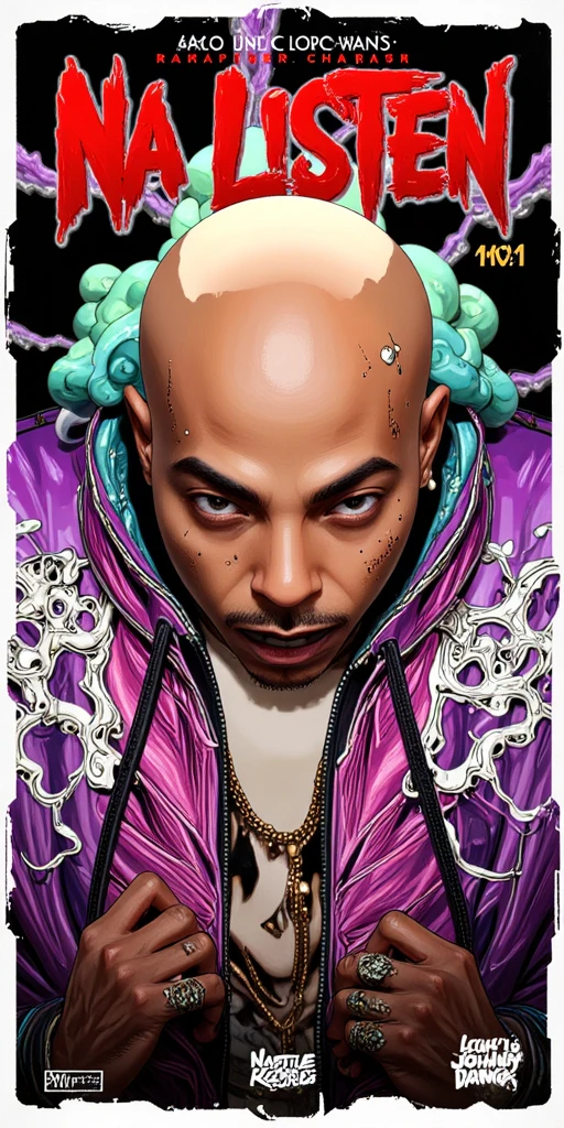 3D animated Character Nztykle as a comic . The man is Muscular Wearing Streetwear, the man has super close shaven skin Bald Head::5.1 , Marvel comic book cover in the style of the 80s, 90s, 2000s, with a MASCULINE man rapper wearing Streetwear character,  with the title "NA LISTEN", A 1990s/2000s comic book cover featuring the Man, wearing a luxury gucci Pastel colored sweatsuit, designer moncler bubble jacket and ripped skinny jeans, tons diamond chains from johnny Dang, perfect masterpiece, high quality, high resolution, large, 8k, cinematic. The man should be depicted with exaggerated and distant facial expressions, using thick lines, bold shadow cracks and deep shadows, highlighting its chaotic and intense nature. The cover should have a worn and distressed texture, with a soft color palette of purples, greens and reds to evoke a sinister yet retro feel. In the background, show a gritty urban scene. The a man should be in a dynamic pose, embodying his unpredictable and dangerous personality. Add classic comic book elements like a bold title ('Raptile Records: '), a scary subtitle ('Who is Na Listen?'), and 'Written by Na Listen' as the author. Include the issue number (#1), a small price (e.g. '10¢'), and a publisher's logo in the corners. Keep the layout clean but intense, focusing on  twisted personality while maintaining the aesthetic of 2000s comics.