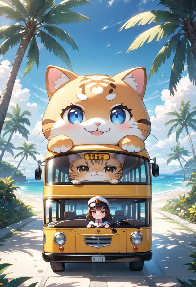 (masterpiece, ultra-detailed, best quality, clear focus, dramatic scene, cinematic), shadow, (ultra-high resolution, 8k), perfect anatomy, perfect face, (detailed face, detailed eye, chibi), cute Japanese chibi girl, famous Japanese chibi idol, (chibi:1.3), very beautiful and cute and cool face, (wearing a cute bus driver uniform:1.3), (large breasts), (she is driving a bus at scenic seaside driveway:1.3), amazing view of beautiful beach with tropical trees,  (with a giant fat cat: detailed cat:1.2), smile, she looks so happy