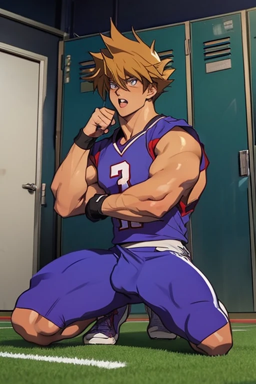 Jounouchi Katsuya from Yu-Gi-Oh, bodybuilder, sweaty, defined body, big legs, locker room, wearing a football uniform, vapid stare, kneeling looking up at me while I look down from standing position, sweaty body, big bulging crotch, shoulder pads, football jersey, football cleats, football pants, hypnotized blank stare, open mouth, hyper muscles, hyper swollen crotch bulge, bro, dumber, IQ drain, meathead, musclehead, dumb jock, brainwashed, flexing, hyper crotch bulge, big biceps, big triceps, big traps. broad shoulders, big meaty pecs, big thighs, thick glutes, hyper muscles, football team assimilation, brainwashed, brainwashing, glowing eyes, bro, mindless