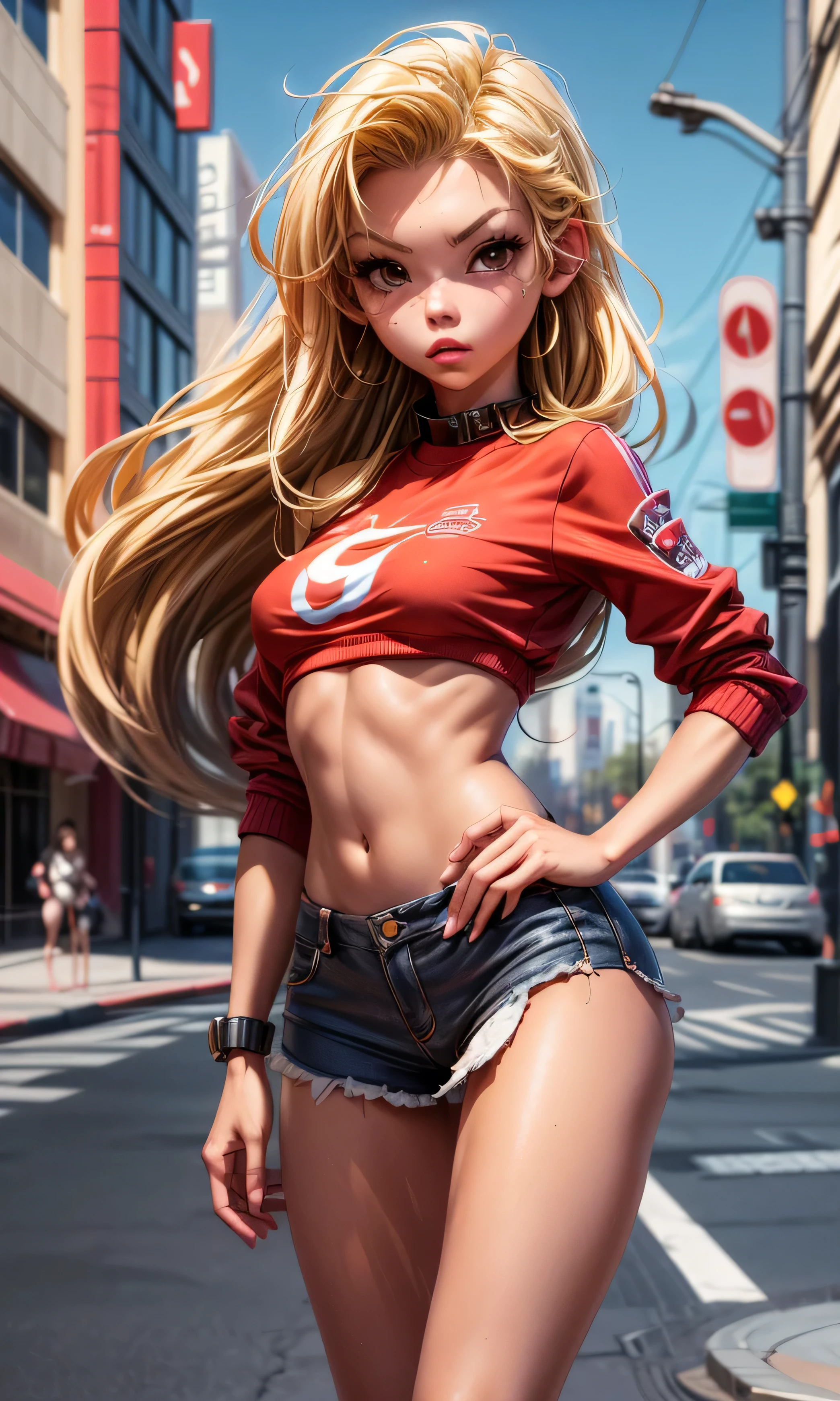  masterpiece, A teenage girl , s, Chiquita, slim, skinny,  long hair,  wavy hair , blonde hair, Brown eyes, cuerpo entero, standing, flat stomach,  nice legs, piernas slims, piel Blanca,  sports shoes , short, red miniskirt, (((desnuda))), on the street, Alley, sexy,