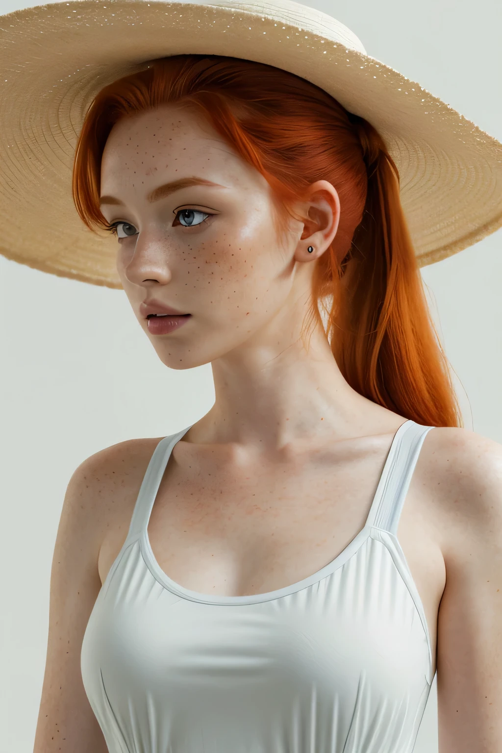 1girl in, age21, Madelaine Petsch, photo of perfect woman, 5'3", Solo, Aesthetic artwork, (irish  redhead, wild ginger hair, crazy ponytail red ginger hair:1.25), (some small freckles, pale skin, small breasts, B-cup, runners body, very thin waist, skinny, petite, detailed skin texture), (blank background, plain background, blank wall, (wearing an white bouffant dress with blue trim and a caller, wide brims Sun hat,  Lillie from pokémon, Lillie cosplay), (extremely detailed 8k wallpaper), soft lighting, high quality, film grain, Fujifilm XT3 sharp focus, f 5.6, 50mm, High Detail, Sharp focus,(natural light), crazy details, complex details, hyper detailed