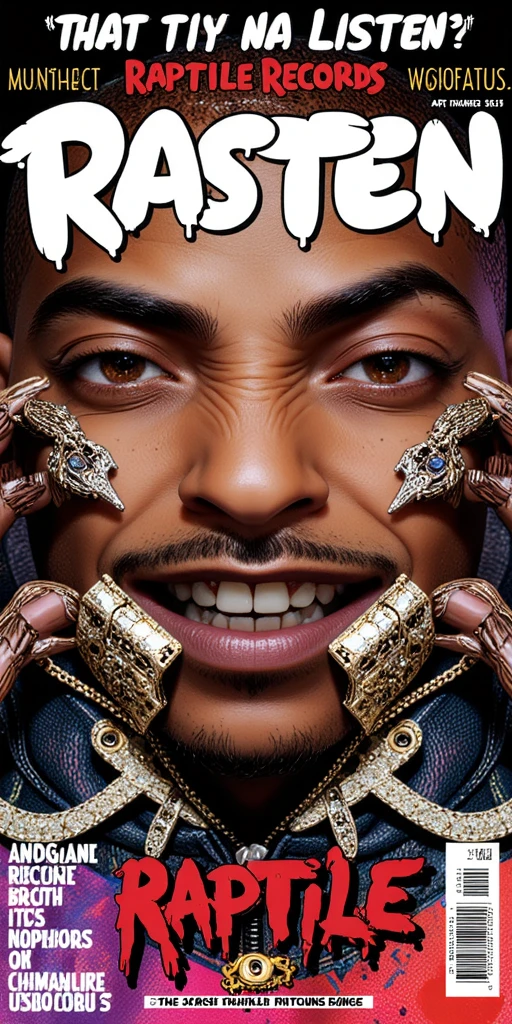 3D animated Character Nztykle as a comic . The man is Muscular Wearing Streetwear, the man has super close shaven skin Bald Head::5.1 , Marvel comic book cover in the style of the 80s, 90s, 2000s, with a MASCULINE man rapper wearing Streetwear character,  with the title "NA LISTEN", A 1990s/2000s comic book cover featuring the Man, wearing a luxury gucci Pastel colored sweatsuit, designer moncler bubble jacket and ripped skinny jeans, tons diamond chains from johnny Dang, perfect masterpiece, high quality, high resolution, large, 8k, cinematic. The man should be depicted with exaggerated and distant facial expressions, using thick lines, bold shadow cracks and deep shadows, highlighting its chaotic and intense nature. The cover should have a worn and distressed texture, with a sharp color palette to evoke a sinister yet retro feel. In the background, show a gritty urban scene. The a man should be in a dynamic pose, embodying his unpredictable and dangerous personality. Add classic comic book elements like a bold title ('Raptile Records: '), a scary subtitle ('Who is Na Listen?'), and 'Written by Na Listen' as the author. Include the issue number (#1), a small price (e.g. '10¢'), and a publisher's logo in the corners. Keep the layout clean but intense, focusing on  twisted personality while maintaining the aesthetic of 2000s comics.