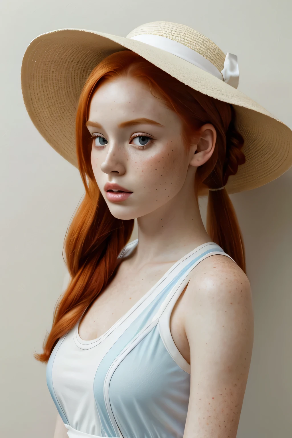 1girl in, age21, Madelaine Petsch, photo of perfect woman, 5'3", Solo, Aesthetic artwork, (irish  redhead, wild ginger hair, crazy ponytail red ginger hair:1.25), (some small freckles, pale skin, small breasts, B-cup, runners body, very thin waist, skinny, petite, detailed skin texture), (blank background, plain background, blank wall, (wearing an white bouffant dress with blue trim and a caller, wide brims Sun hat,  Lillie from pokémon, Lillie cosplay), (extremely detailed 8k wallpaper), soft lighting, high quality, film grain, Fujifilm XT3 sharp focus, f 5.6, 50mm, High Detail, Sharp focus,(natural light), crazy details, complex details, hyper detailed