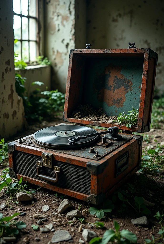 A desolate ruin with a broken and dilapidated record player, overgrown with weeds and debris, no people around, atmospheric and haunting, soft lighting filtering through crumbling walls, details of rust and decay, abandoned and forgotten.,highly detailed background