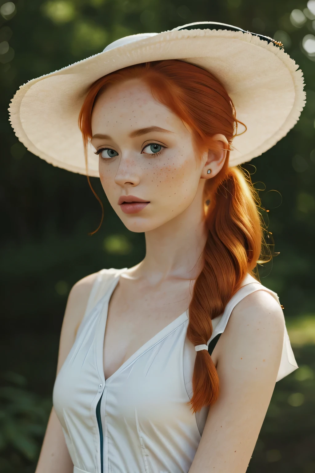 1girl in, age21, Madelaine Petsch, photo of perfect woman, 5'3", Solo, Aesthetic artwork, (irish  redhead, wild ginger hair, crazy ponytail red ginger hair:1.25), (some small freckles, pale skin, small breasts, B-cup, runners body, very thin waist, skinny, petite, detailed skin texture), (blank background, plain background, blank wall, (wearing an white bouffant dress with blue trim and a caller, wide brims Sun hat,  Lillie from pokémon, Lillie cosplay), (extremely detailed 8k wallpaper), soft lighting, high quality, film grain, Fujifilm XT3 sharp focus, f 5.6, 50mm, High Detail, Sharp focus,(natural light), crazy details, complex details, hyper detailed