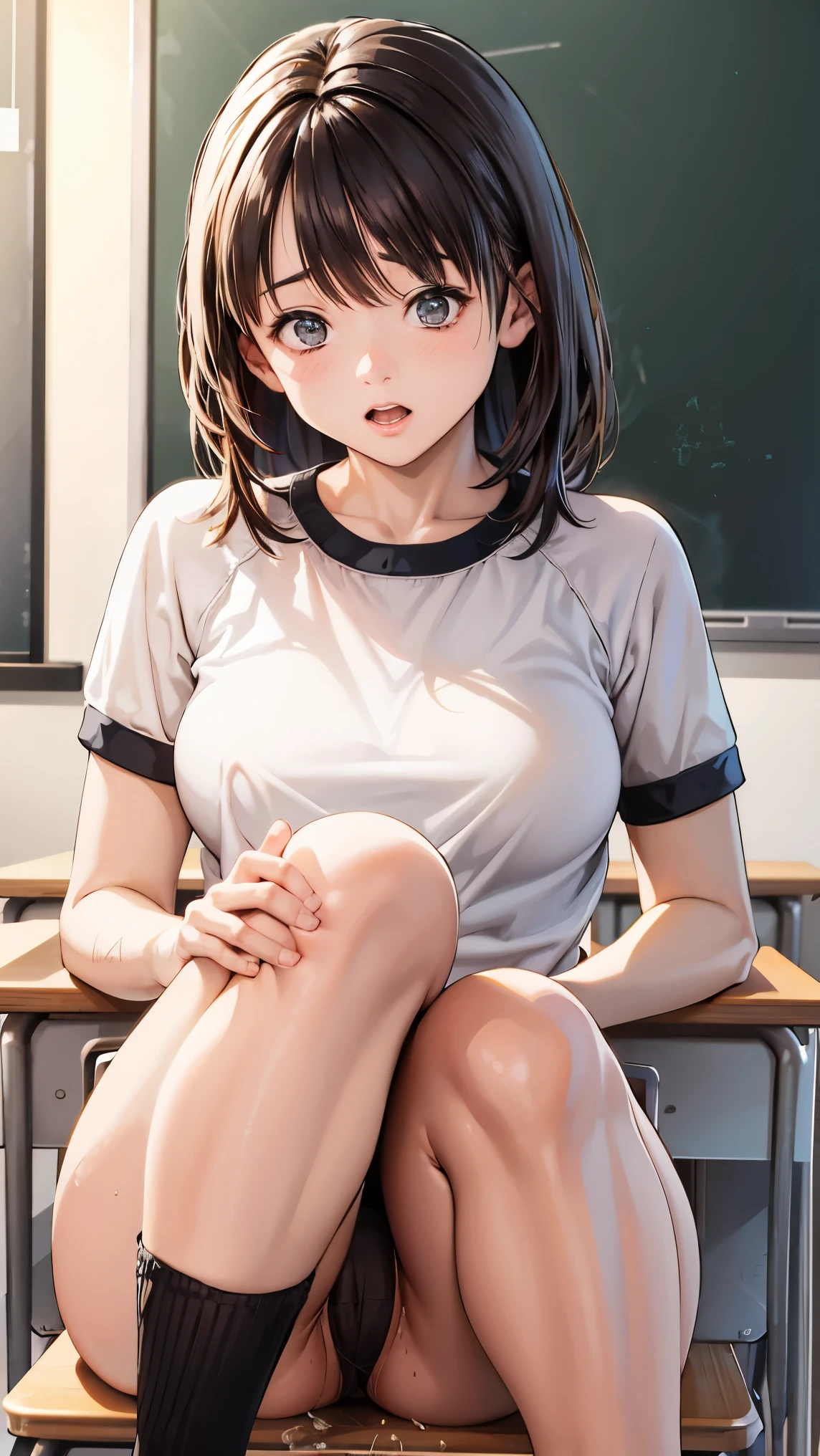  ( School Classroom、 blackboard 、machine),1 image、close ~ eye、 embarrassed 、( Please open your mouth wide and shout 。)、 shorthair 、 They Hesitate ,、 wet hair ,   Wakino, Big Breasts, Realistic butt crack , ( high chroma:1.0),  ( very detailed肌), ( best quality:1.0), ( ultra high resolution:1.0) ,(Realistic:1.0), ( very detailed:1.0), (8k,  RAW photo:1.1)、  RISE OF THE CENTER、 feet 、Yoshizuki Iori、( gym clothes)、(Front View)、 review、( Female Masturbating )、 Touching the clitoris 、pubic hair、 squirt、Masturbating with dildos、feetを広げる