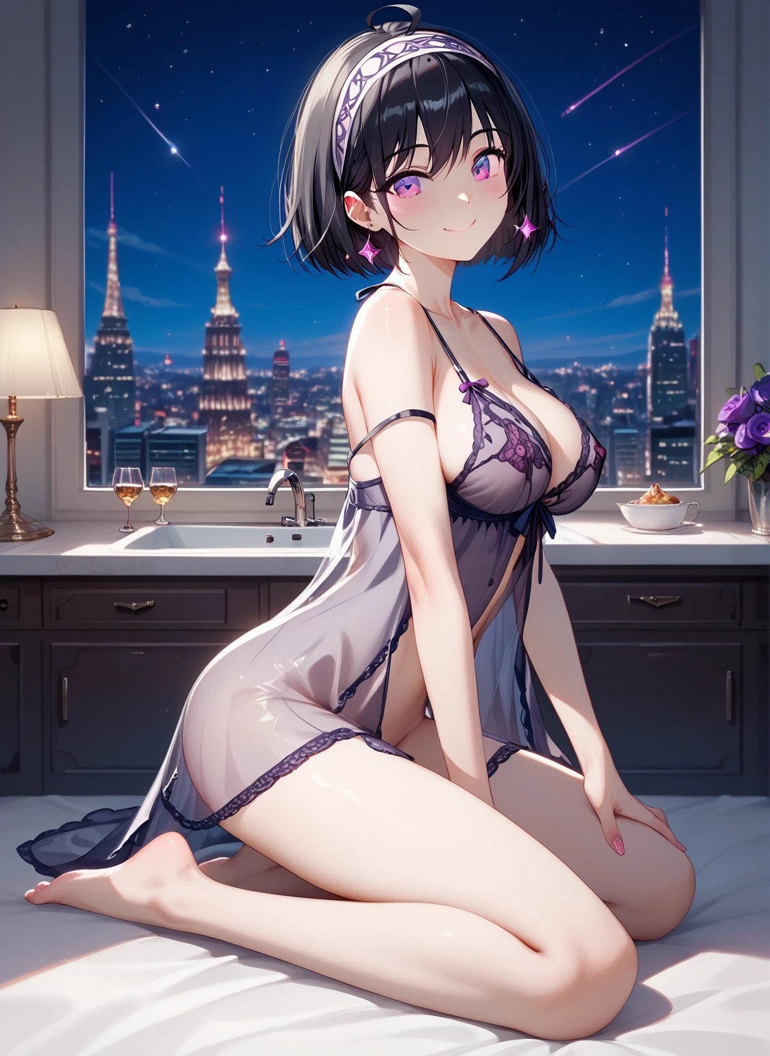 looking at the spectator,  masterpiece, preciso, Detailed, alta calidad, Correct anatomy, (NSFW), A beautiful young woman ( Seductive full body , nightgown, big breasts,  slim waist,  big ass, Ahoge, short black hair, cut Bob, wearing a princess headband, violet eyes, daring smile ), Wearing a seductive babydoll preparing una cena in an elegant kitchen of a luxurious skyscraper with a panoramic view of the city with moonlight and starry sky,