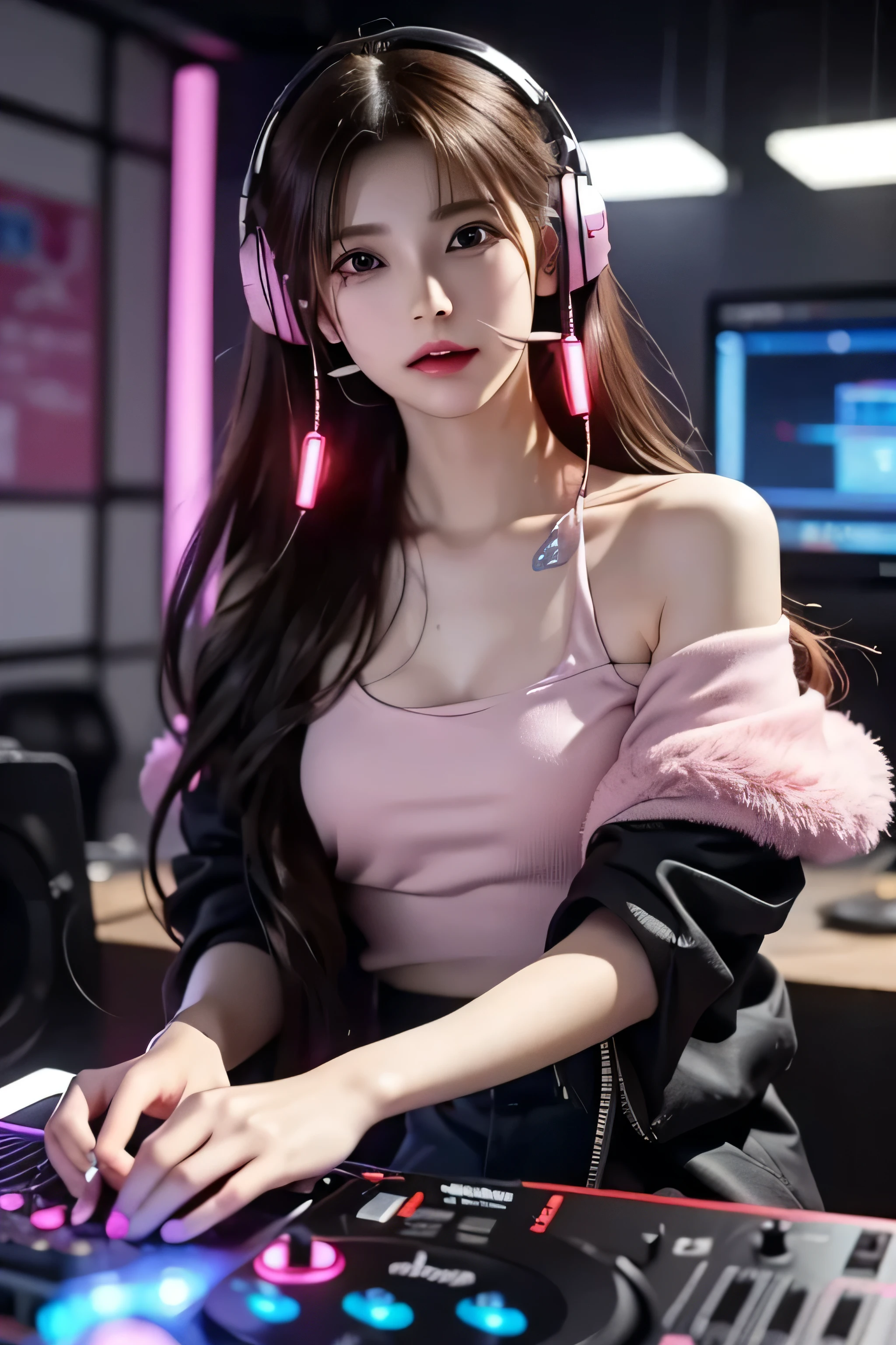   High image quality , 8k, Best Quality,    Details,   Semi-realistic animations , 3d anime style sex    ,   Smooth Anime CG  ,    one girl doing a prank  ,   A 20-year-old Japanese woman  , slim, modeling,    Shiny brown hair ,    Detailsな顔, Beautiful and    Details,       glowing skin     ,   Hard Focus  、   film grain ,   soft lighting ,   Viewers, Laughter、full body, ((     background is a cyberpunk style room with many monitors.......、  costumes are corded     、Long hair color pink、  Headset on  、Small tattoo on face、Female DJ、Viewersを見つめる ))