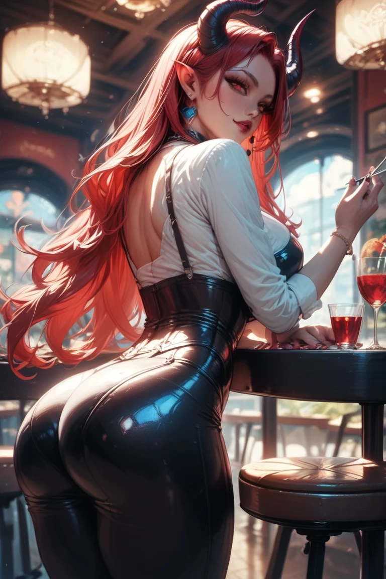 A demon queen with a beautiful face, red eyes, red hair, with huge tits, good ass, tight clothes in a restaurant