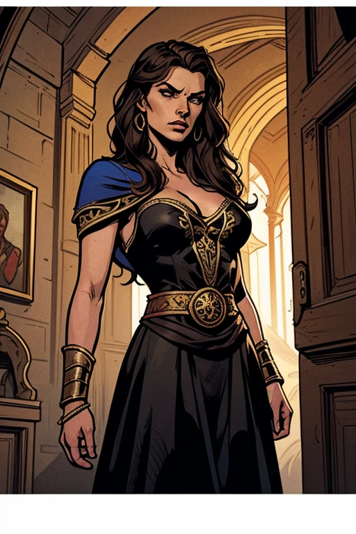 (masterpiece, top quality, best quality, official art, beautiful and aesthetic:1.2), (1girl:1.3), dark brown hair pulled back, in an untidy mane, braids, extremely detailed, portrait, looking at viewer, solo, (full body:0.6), detailed background, close up, facepaint, tribal tattoos, (warm summer desert theme:1.1), busty human barbarian queen, elegant face, long face, charlatan, smirk, mysterious, walking in savannah, revealing tribal attire, bare midriff, brown leather, fur lined clothes, long boots, buckles, straps, pouches, axes, tan fabric, brown leather, ((gigantic breasts, skindentation, cleavage)), muscular, strong, slim waist, slim hips, long legs, muscular legs, medieval (savannah exterior:1.1) background, dark mysterious lighting, shadows, magical atmosphere, dutch angle, (comics)