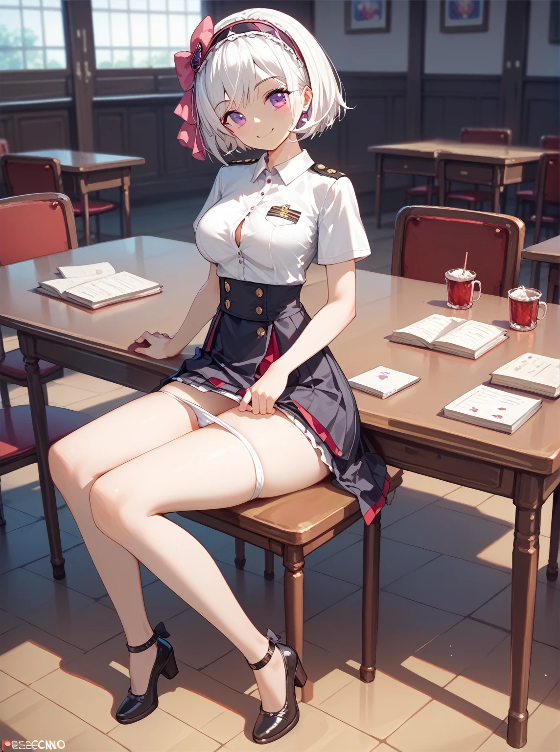 looking at the spectator,  masterpiece , preciso, Detalle, Alta quality, A beautiful young woman (cute full body , big breasts,  slim waist,  big ass, short white hair, cut bob, wearing a princess headband , violet eyes, daring smile ),  Wearing an attractive uniform of preparatoria white t-shirt with a pink bow and black buttons with the school logo on the left shoulder short brown table skirt with yellow squares (pull up her skirt mischievously showing white underwear,), en una biblioteca escolar con una pizarra y libros,