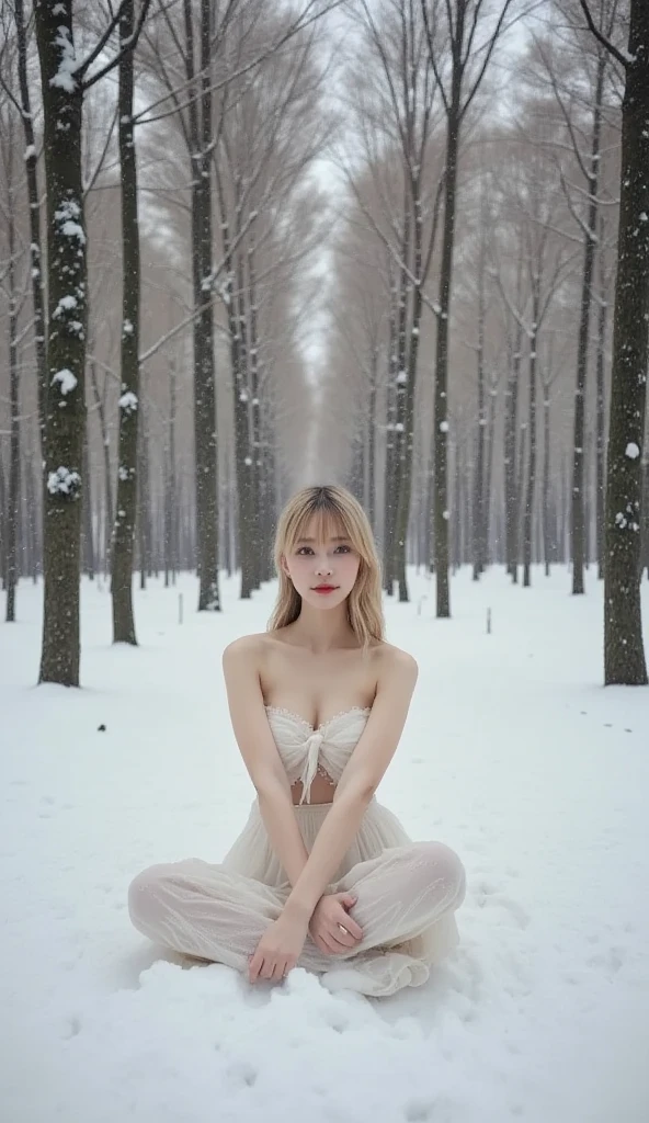 (((best quality, 8 thousand, masterpiece:1.4)), (20 year old woman), masterpiece, distinct, highres, high_quality, wide_shot, small_face, absurdly_short_hair, female, sagging_breasts, balancing, stretching, gentle_face, bare_shoulders, center_opening, downblouse, (blonde wavy very long hair), (Sitting alone in the deep snowy forest), (C-com saggy breasts), winter forest, winter:1.3, big eyes:1.3, 