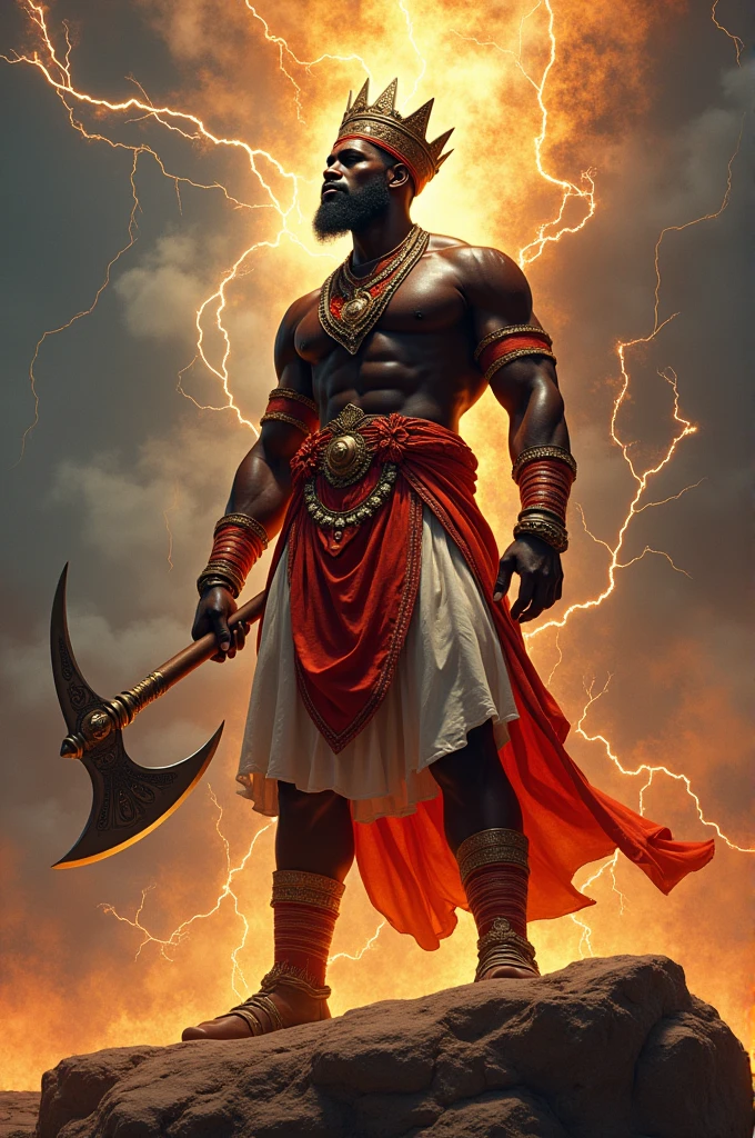 Orisha Black Man, rey, guerreyro, red or brown clothes, on a mountain, lifting a double-edged axe in his hand