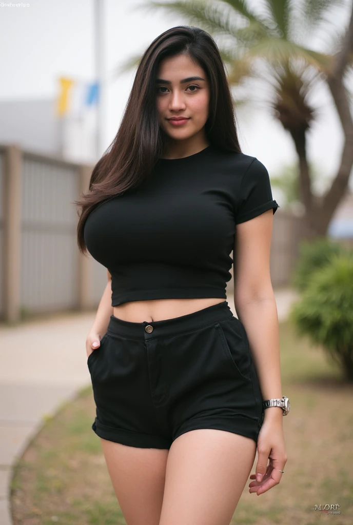 ((RAW, analog style)), face, extremely detailed full body color photo of a 25 y.o girl, beautiful face, beautiful eyes, ((small nose)), big natural lips, ((fabric crop top)), small breasts, slim body, outdoor, trees, ((film grain, skin details, high detailed skin texture, 8k hdr, dslr)), indian female model divya bharti, dark red lips, dark red lips, black color shorts, (full body view:1.5),