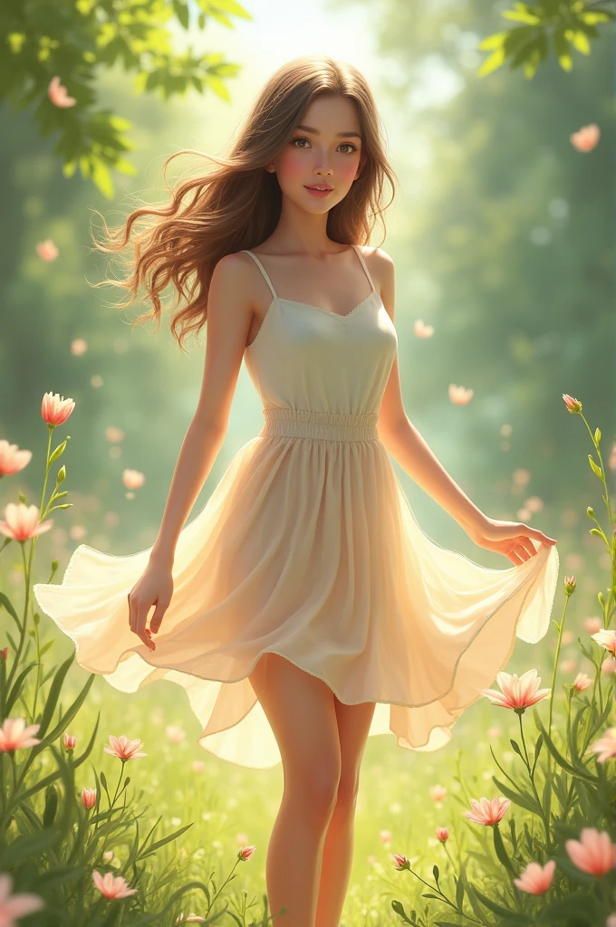 A girl stands，(bright sunny garden), (beautiful detailed flowers, vibrant colors), (lush green grass), (playful butterflies and bees), (lovely singing birds), (Tall blooming cherry blossom trees), (delicate petals falling in the wind), (twinkling sunlight filtering through the leaves), (soft and gentle breeze), (tranquil and peaceful atmosphere), (harmonious symphony of nature), (breath-taking views), (captivating scents of flowers), (serene and relaxing ambiance), (brilliant shades of blues and pinks), (a girl in a flowing dress), (innocent smile on her face), (golden rays of sunlight caressing her hair), (sparkling eyes filled with joy), (cheeks flushed with rosy hue), (basket filled with fresh flowers), (butterflies fluttering around her), (whispers of nature's secrets)