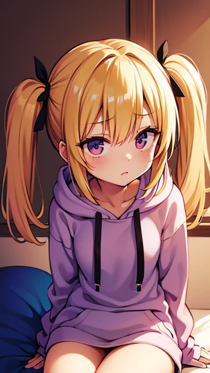  A small-breasted girl relaxing in her room completely naked and wearing a baggy hoodie、Blonde、 twin tails、Prone、Looking away、Cheeky face、