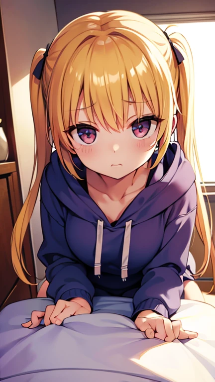  A small-breasted girl relaxing in her room completely naked and wearing a baggy hoodie、Blonde、 twin tails、Prone、Looking away、Cheeky face、