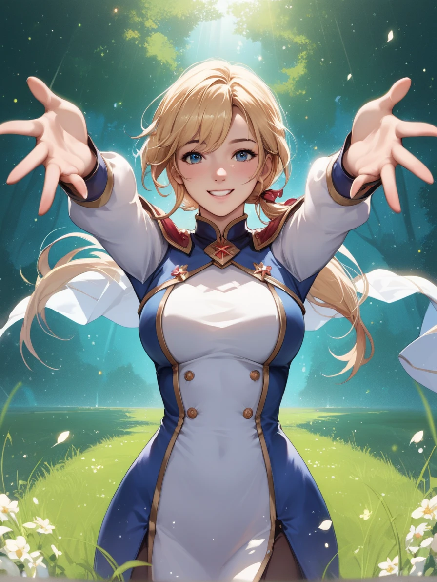 score_9, score_8_up, score_7_up, source_anime, high resolution image, masterpiece, best quality, (front view, cowboy shot), shy smile, 1girl,  blond long hair, low ponytail, full bust, wide hips, (arms outstretched), grass background, rising floating particles, colorful floating particles,