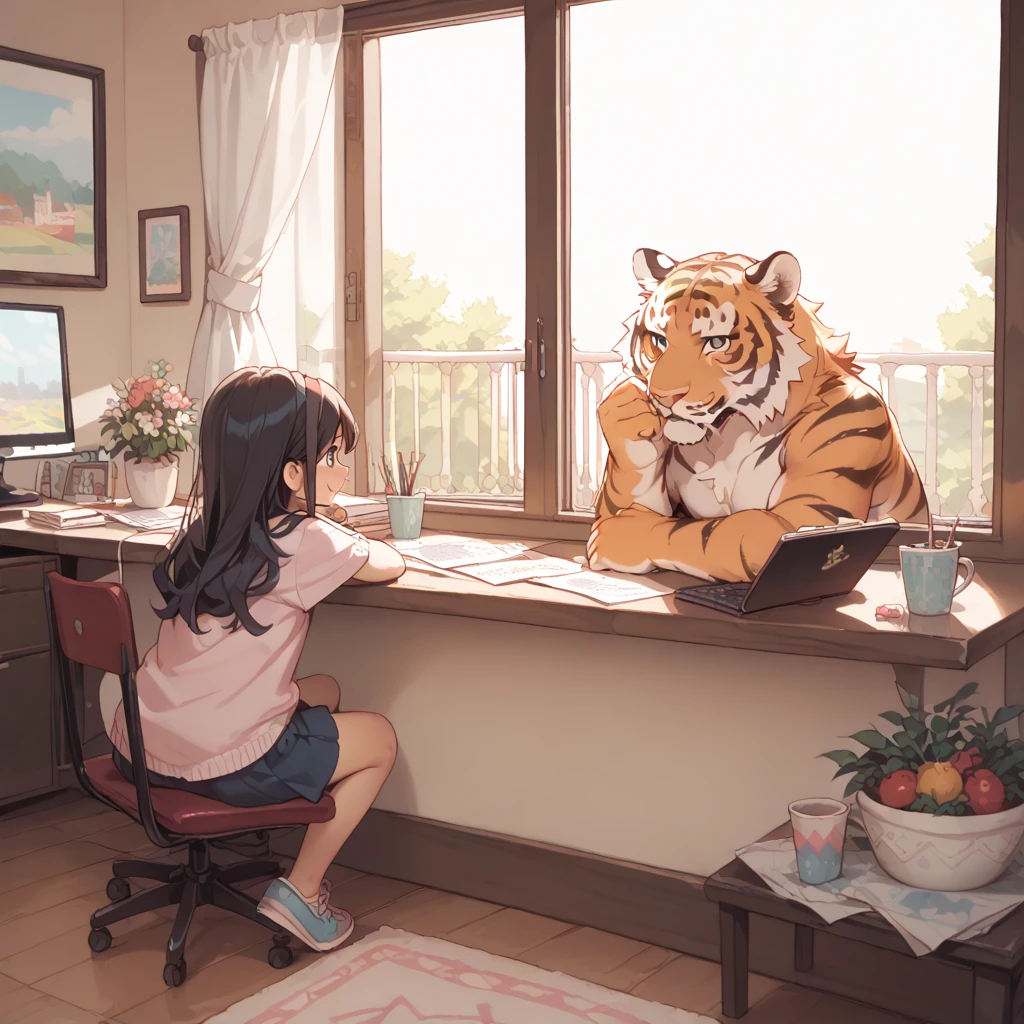 indoors, tiger, girl, window,
pastel, (masterpiece, best quality, hyper detailed:1.2),