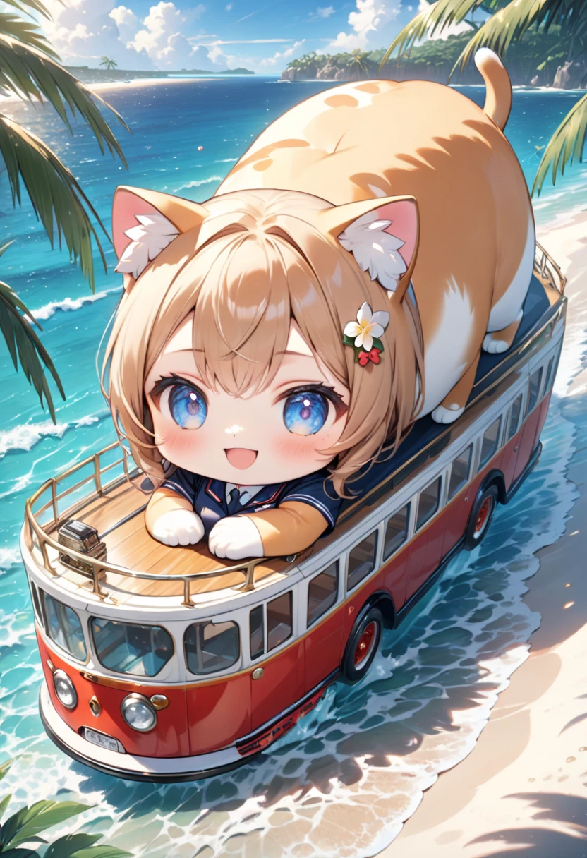 (masterpiece, ultra-detailed, best quality, clear focus, dramatic scene, cinematic), shadow, (ultra-high resolution, 8k), perfect anatomy, perfect face, (detailed face, detailed eye, chibi), cute Japanese chibi girl, famous Japanese chibi idol, (chibi:1.3), very beautiful and cute and cool face, (wearing a cute bus driver uniform:1.3), (large breasts), (she is piloting a pleasure boat at scenic tropical ocean:1.3), amazing view of beautiful beach with tropical trees, (with a giant fat cat: detailed cat:1.2), smile, she looks so happy