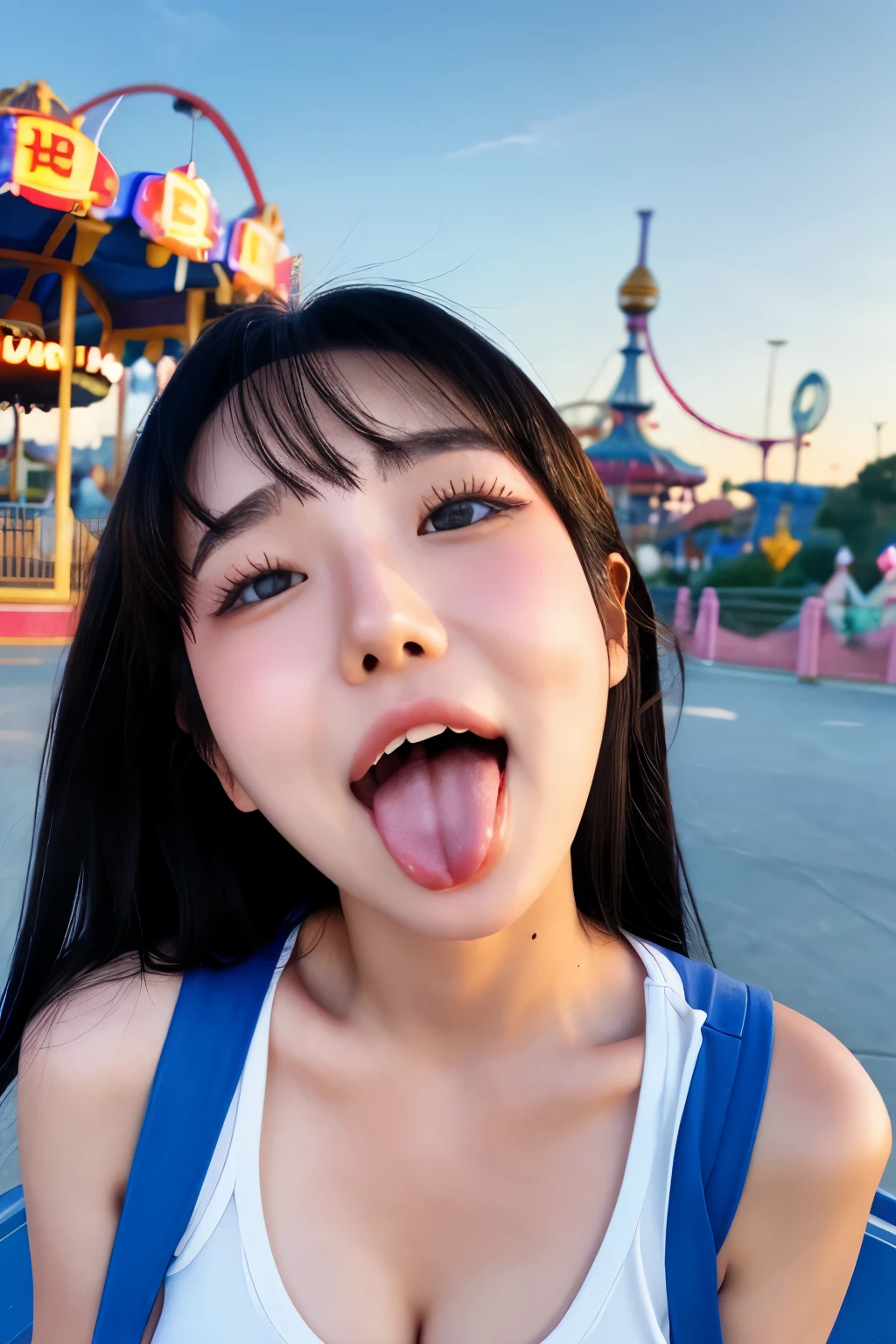  dark-haired girl、amusement park、Clear skies、smile、My mouth is slightly open