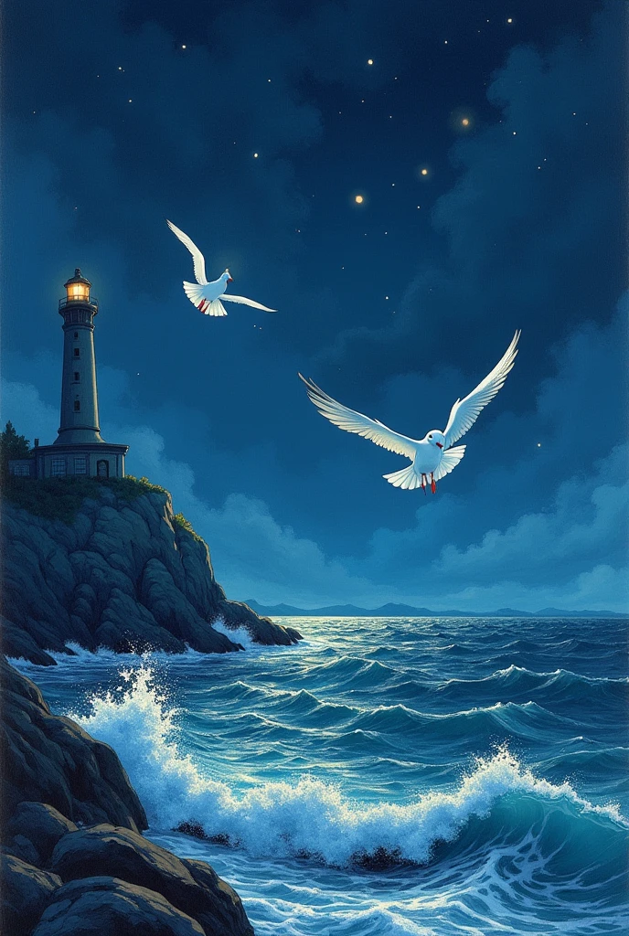  there are seagulls that fly through the sea at night 、 creepy and dangerous 々 flying towards the lighthouse、 Medium Shot、Jean･Jiro ･inspired by Mœbius、 Mevius style 、Pen drawing、 fear of the sea at night 、Storm waves 、Night storm、 Sparkling Starry Sky 