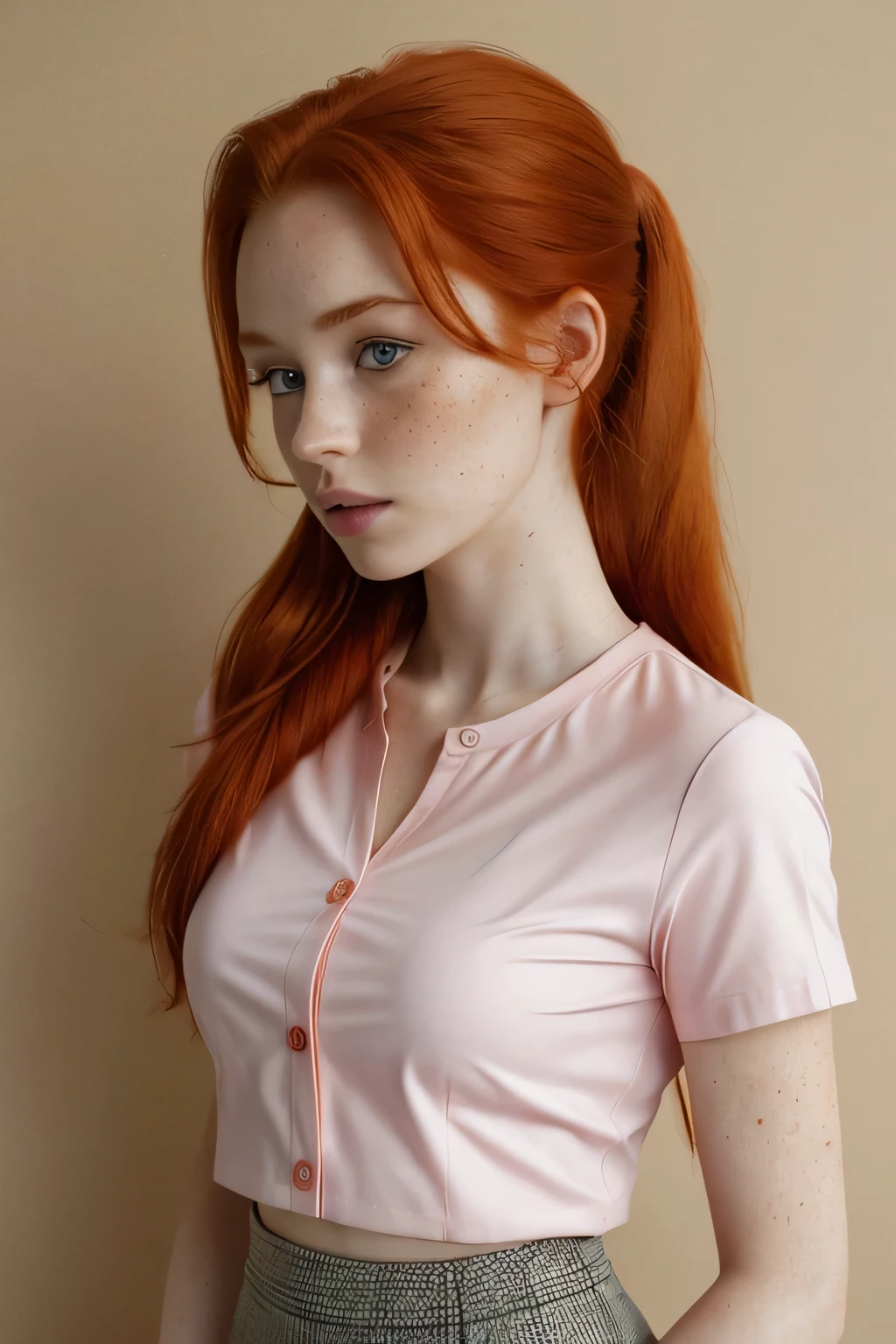 1girl in, 21, Madelaine Petsch, photo of perfect woman, 5'3", Solo, Aesthetic artwork, (irish  redhead, wild ginger hair, crazy ponytail red ginger hair:1.25), (some small freckles, pale skin, small breasts, B-cup, runners body, very thin waist, skinny, petite, detailed skin texture), (blank background, plain background, blank wall, (wearing an open unbuttoned pink button shirt over a yellow v-neck t-shirt, purple pencil skirt,  Delia Ketchum from pokémon, Delia Ketchum cosplay), (extremely detailed 8k wallpaper), soft lighting, high quality, film grain, Fujifilm XT3 sharp focus, f 5.6, 50mm, High Detail, Sharp focus,(natural light), crazy details, complex details, hyper detailed