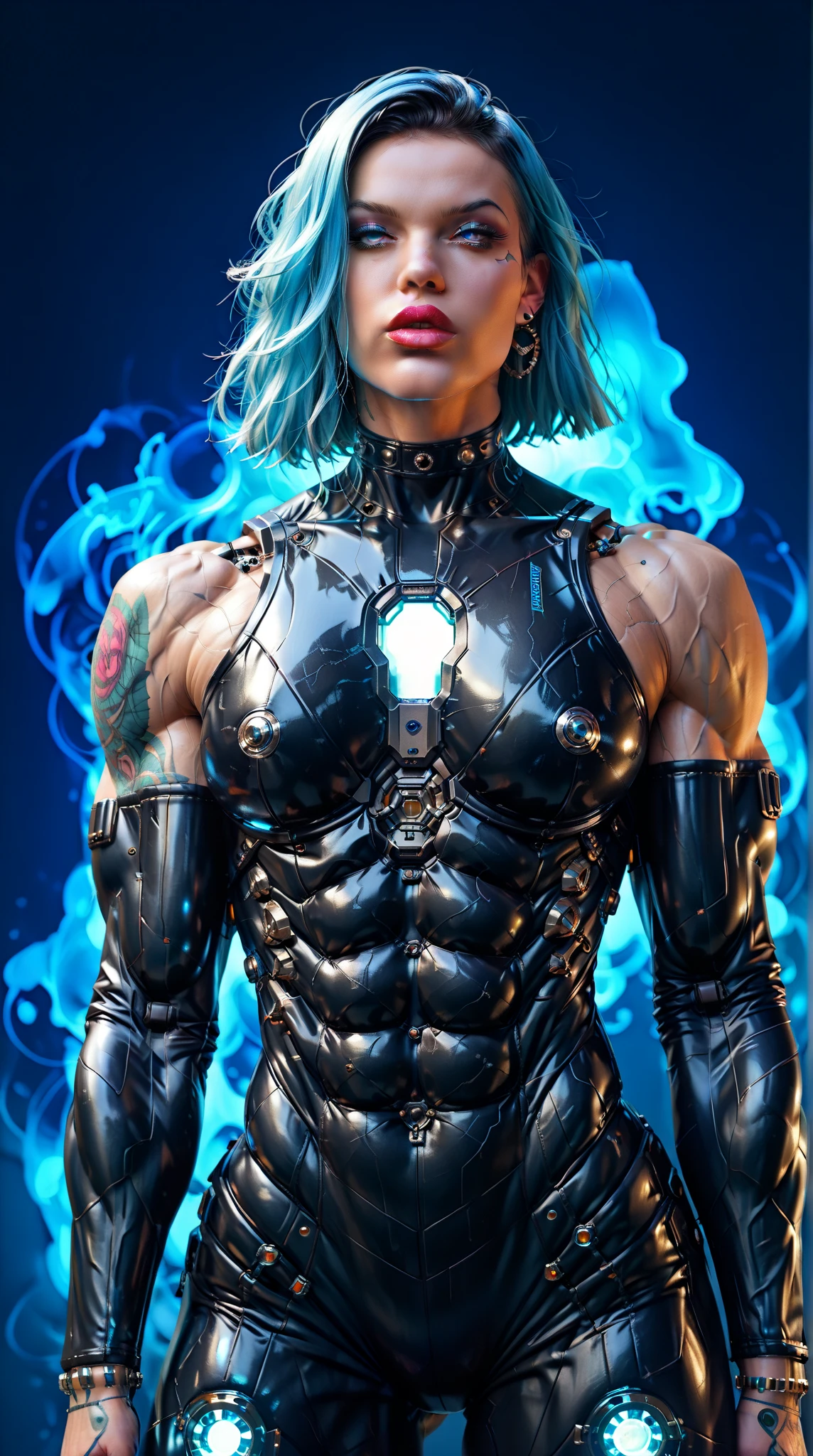 beautiful teenage muscular goth cyborg girl, nude, (blue glowing body veins:1.5),(((muscular bodybuilder physique:1.75))), ((((extreme muscular hypertrophy:1.5)))), (flat muscular pecs:1.5), (Cyborg exosuit:1.5), ((skinny thin legs:0.75), (blue glowing hair:1.25),(black sclera, blue glowing eyes:1.25), (beautiful face:1.25), bimbo lips, blank background, gothic neon style, cyber punk style, zPDXLxxx, zPDXL3, zPDXLrl