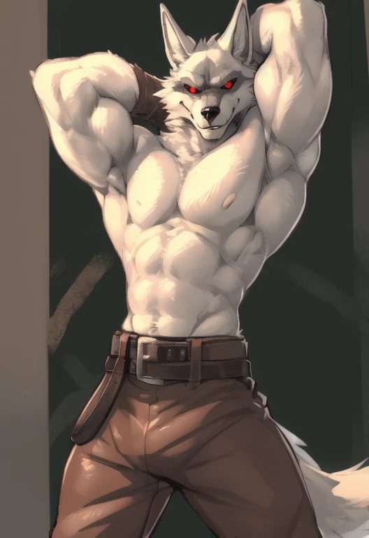 (by zackary911, anime, soft hatching) anthropomorphic, solo, human anatomy, adult, tall, mature, anthro, (skinny muscles, pecs, biceps, fit body), (DEATH (Puss in boots), white fur, wolf ears, wolf tail, red pupils, black sclera), (armbands, brown pants, belt around waist), (posing, smirking, pose, dynamic pose, one arm behind head)