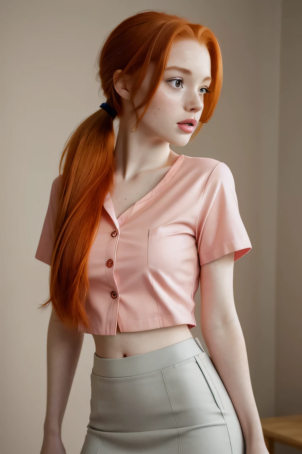 1girl in, age21, Madelaine Petsch, photo of perfect woman, 5'3", Solo, Aesthetic artwork, (irish  redhead, wild ginger hair, crazy ponytail red ginger hair:1.25), (some small freckles, pale skin, small breasts, B-cup, runners body, very thin waist, skinny, petite, detailed skin texture), (blank background, plain background, blank wall, (wearing an open unbuttoned pink button shirt over a yellow v-neck t-shirt, purple pencil skirt,  Delia Ketchum from pokémon, Delia Ketchum cosplay), (extremely detailed 8k wallpaper), soft lighting, high quality, film grain, Fujifilm XT3 sharp focus, f 5.6, 50mm, High Detail, Sharp focus,(natural light), crazy details, complex details, hyper detailed