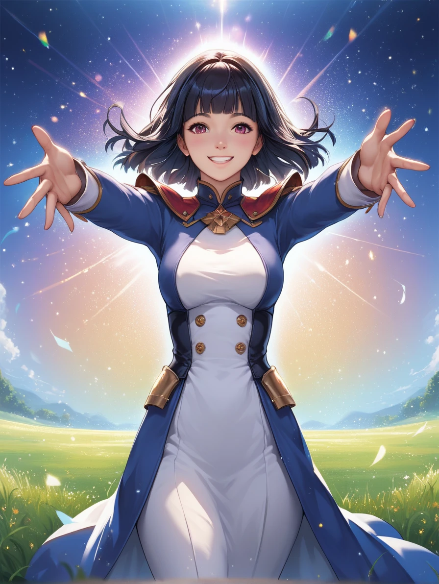 score_9, score_8_up, score_7_up, source_anime, high resolution image, masterpiece, best quality, (front view, cowboy shot), shy smile, 1girl,  black hair, hime cut, full bust, wide hips, (arms outstretched), grass background, rising floating particles, colorful floating particles,