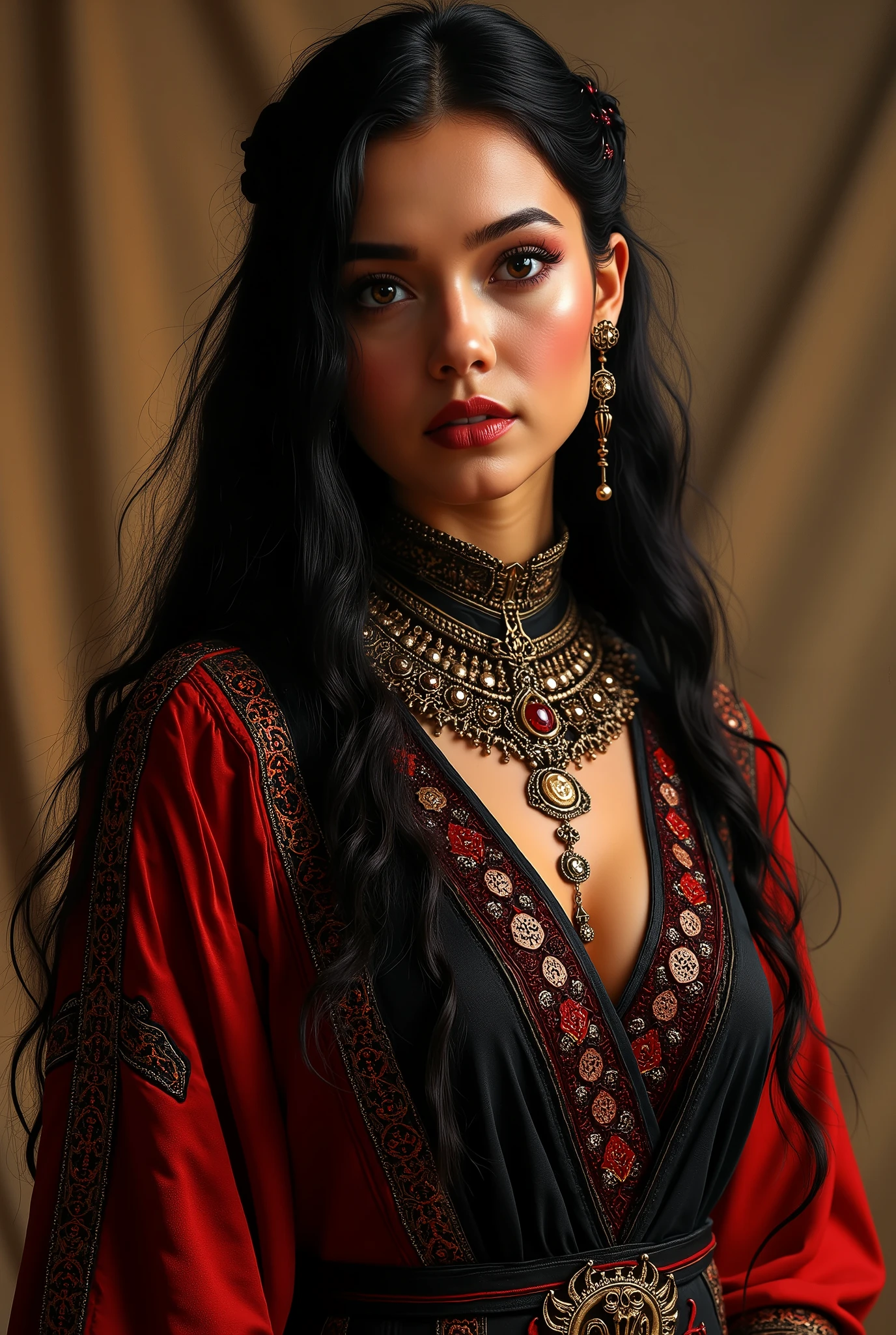 Arafed woman in a red and black dress with a necklace and earrings ...