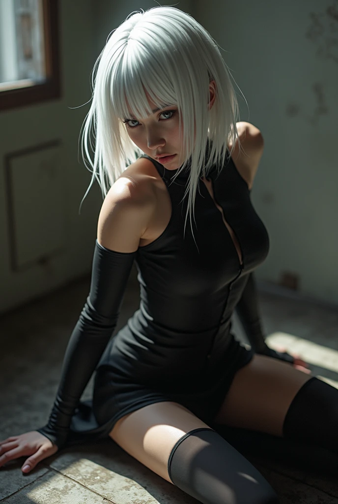 Masterpiece, 8K, photorealistic, ultra realistic, (1girl, solo),
_ the most beautiful, Gravure idol, 24 years old, 170 cm, (((medium large breasts, cleavage, breasts))), slender waist, round hips, toned thighs, toned arms, small face, diamond Face, ((small nose, small mouth)), Sharp Faceline, BREAK ((big eyes, Double eyelid, tareme, droopy eyes):1.3), ((smile, small lips, teeth:1.3)), (mole under eye:1.2), (glistening White teeth), ((gray hair)), short hair, Blue eyes, light makeup, thin eyebrow, shiny skin, detailed skin, detailed face, perfect eyes, shiny hair,
_
(black theme and White:1.2), Inorganic concrete studio with window, Inorganic concrete, small window, gray concrete block, highly, blur, blur background, front lightning, Cinematic lighting,
_
BREAK (all fours), dynamic angle, from below, cleavage showing, look at viewer, Focus face,
BREAK black knit Off-the-shoulder,black leather pants,
_ raw photo,