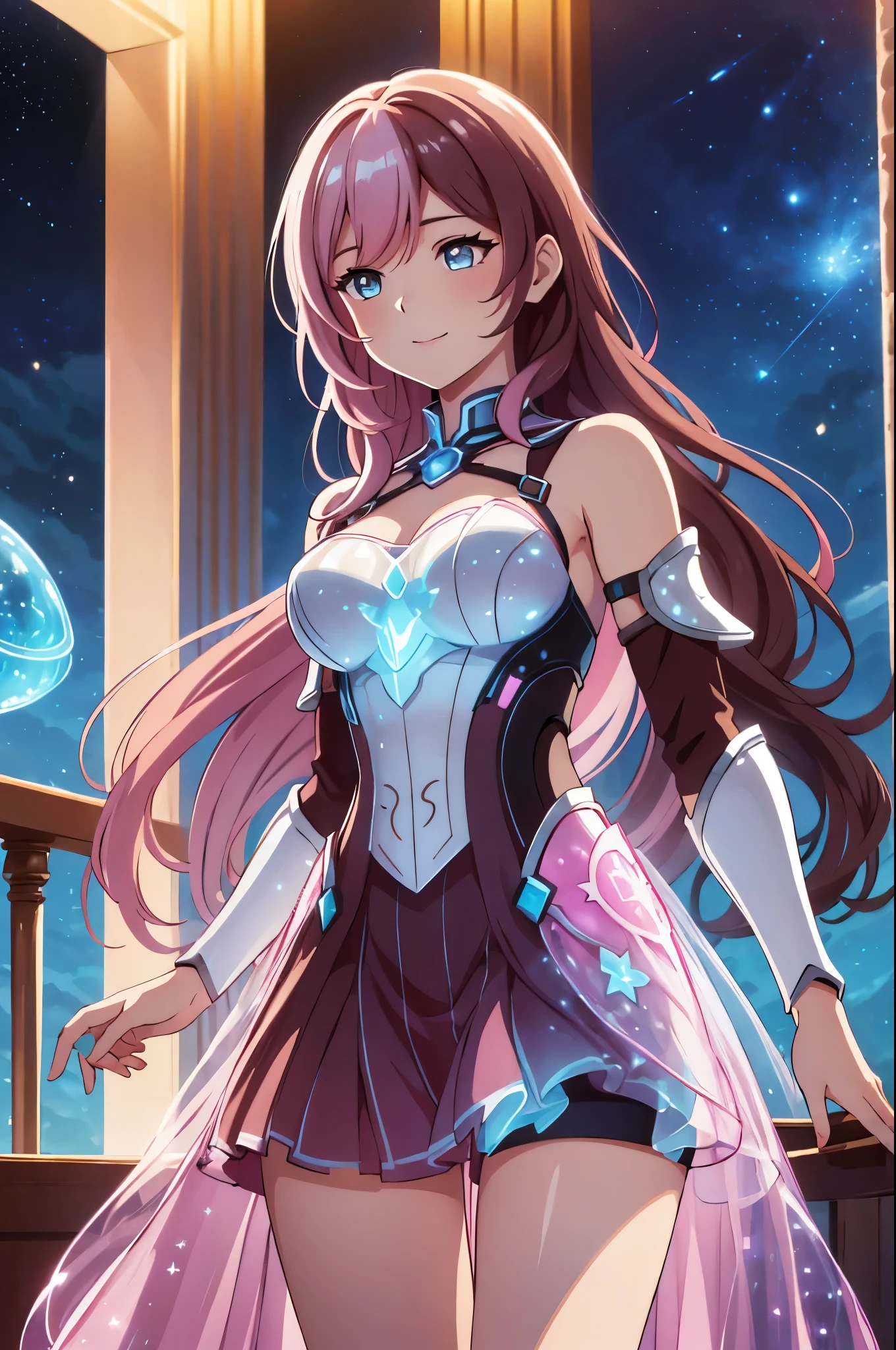 (high-quality, breathtaking),(expressive eyes, perfect face) Symmetrical Eyes, portrait, 1girl, pink and brown hair color, multicolored hair, glowing hair, bright blue eyes, breastplate, armor, gauntlets, wavy hair, smiling, goddess, Neopolitan RWBY, elysia \(herrscher of human:ego\), long hair length, half open eyes, mature woman, stars in background, blue embers, bioluminescent dress,