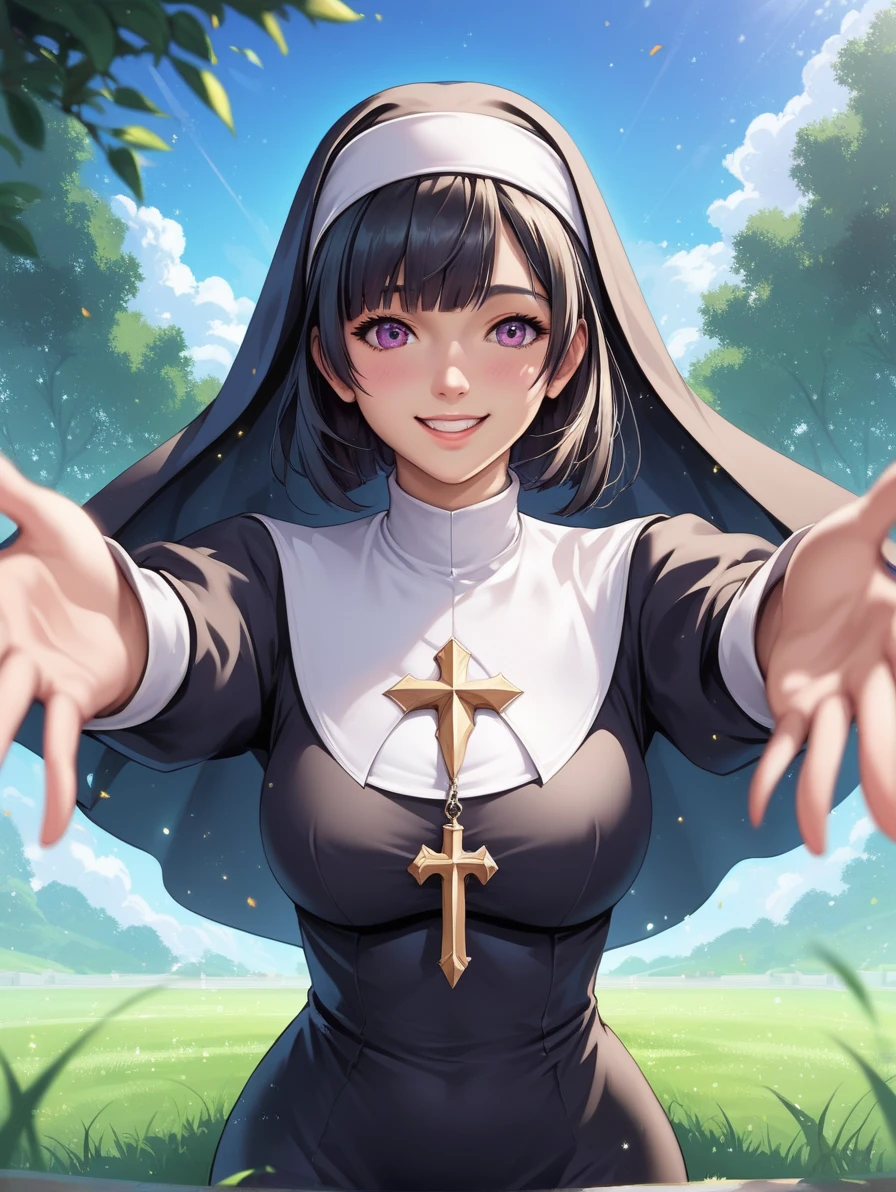 score_9, score_8_up, score_7_up, source_anime, high resolution image, masterpiece, best quality, (front view, cowboy shot), nun, shy smile, 1girl,  black hair, hime cut, full bust, wide hips, (arms outstretched), grass background, rising floating particles, colorful floating particles,